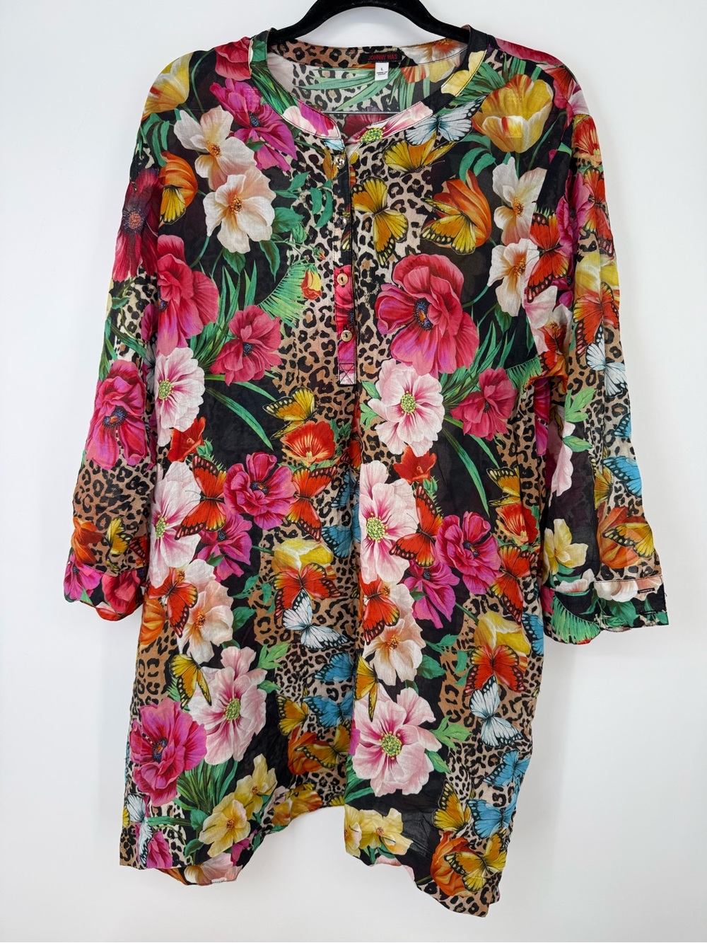 Johnny Was Floral & Leopard Button Front Cotton lightweight coverup L